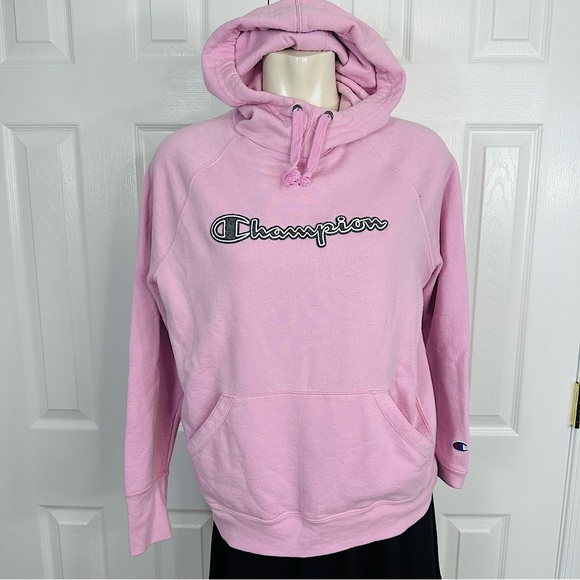 Champion Tops - CHAMPION sweatshirt HOODED long sleeves Athletic wear BUBBLE GUM PINK grey M